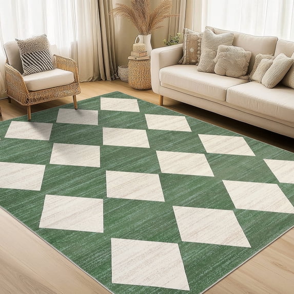 Hasoo Green 9x12 Area Rug Geometric Rugs for Living Room Washable Modern Trellis Carpet for Bedroom