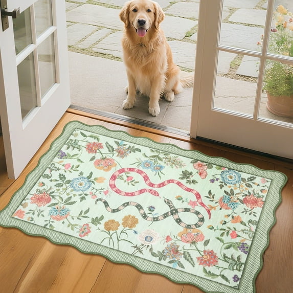 Hasoo Green Scalloped Doormat 2x3 Non-Slip Washable Low Pile Floral Snake Print for Bathroom Indoor Throw Rug