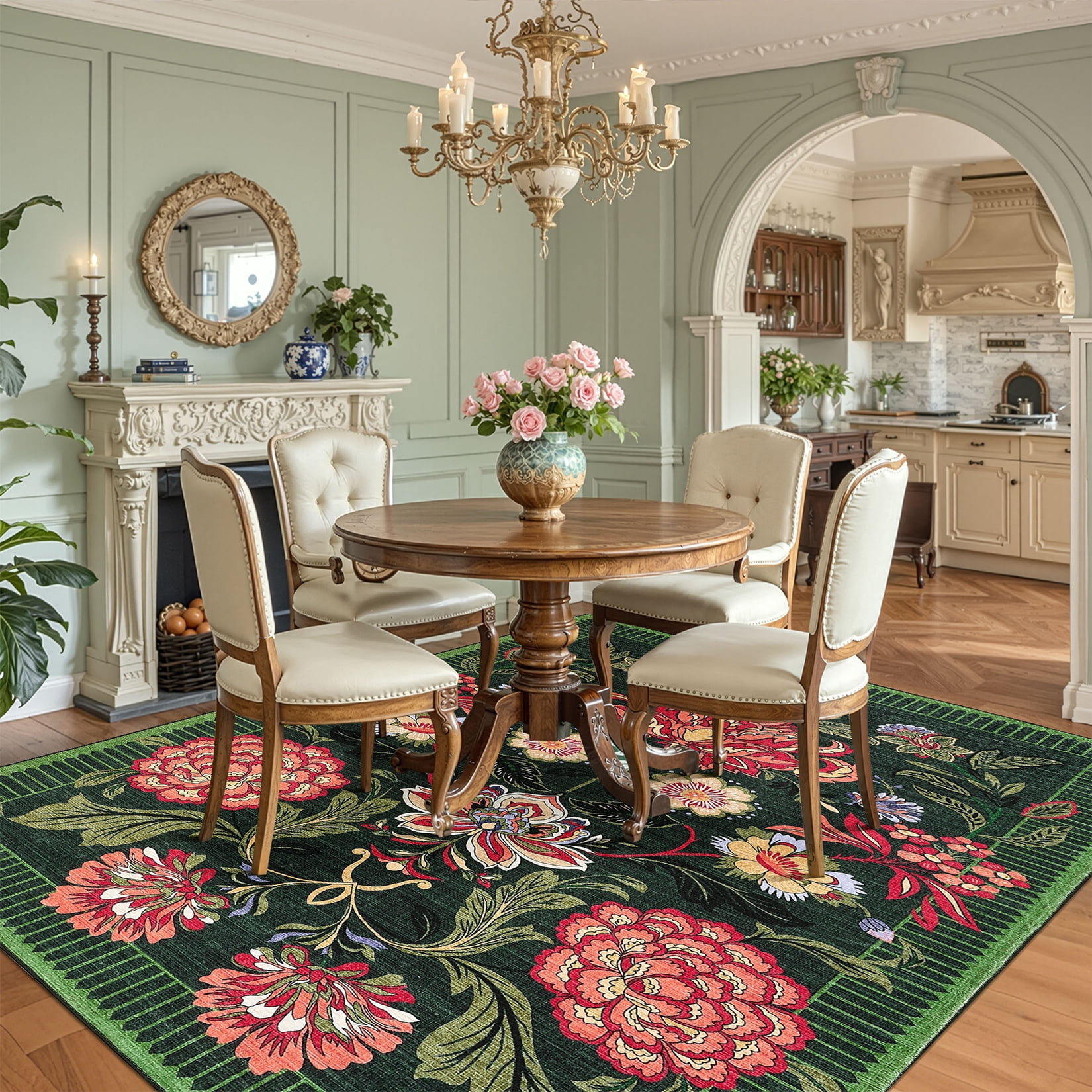 Hasoo Green Washable Area Rugs 9' x 12' Rug for Living Room Floral Modern Non Slip Throw Indoor Carpet