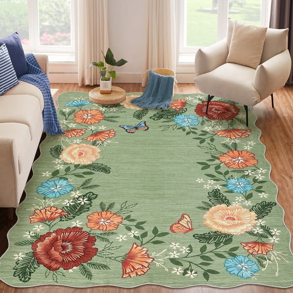 Hasoo Green Wavy Border Area Rug for Dining Room Indoor Bedroom Soft Textured 8' x 10' Carpet Stain-Resistant
