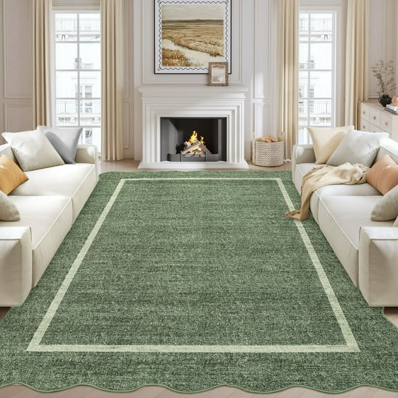 Hasoo Green Wavy Border Area Rug for Dining Room Indoor Bedroom Soft Textured 8' x 10' Carpet Stain-Resistant
