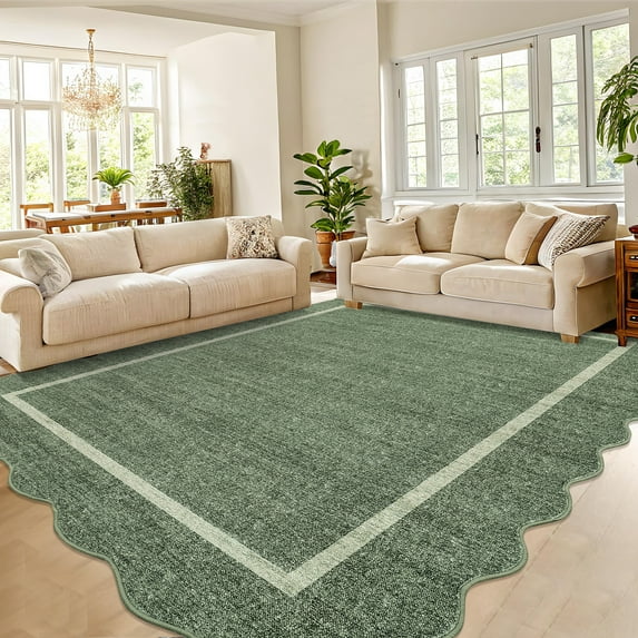 Hasoo Green Wavy Border Area Rug for Living Room Indoor Bedroom Soft Textured 4' x 6' Carpet with Non-Slip Backing