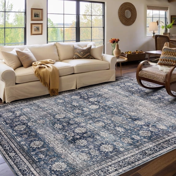 Hasoo Indoor Area Rug 4' x 6' Rugs for Living Room Vintage Floral Farmhouse Washable Non Slip Carpet for Bedroom, Blue