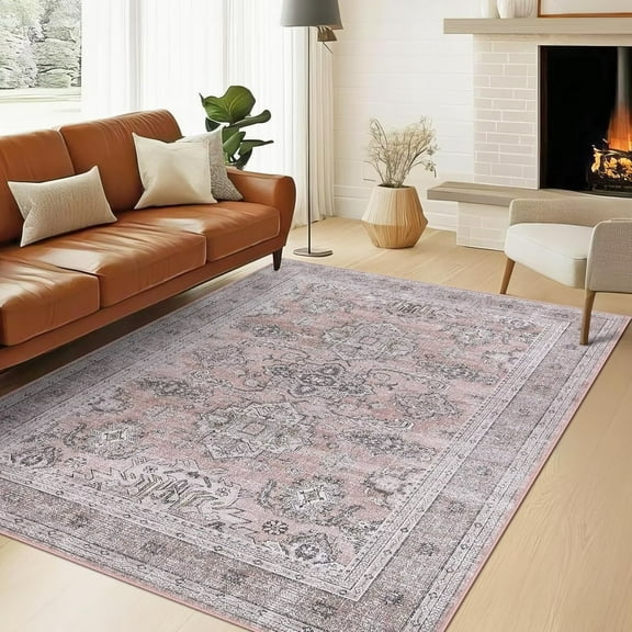 Hasoo Indoor Area Rug 5' x 7' Rugs for Living Room Vintage Floral Farmhouse Washable Non Slip Carpet for Bedroom, Pink