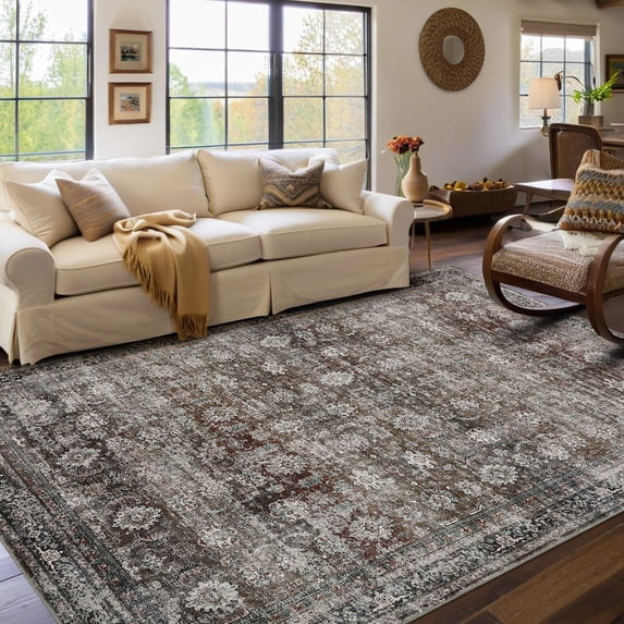 Hasoo Indoor Area Rug 5' x 7' Rugs for Living Room Vintage Floral Farmhouse Washable Non Slip Carpet for Bedroom, Retro/Red