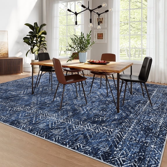 Hasoo Indoor Area Rug 5' x 7' Rugs for Living Room Vintage Geometric Farmhouse Washable Non Slip Carpet for Bedroom, Blue