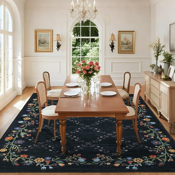 Hasoo Indoor Living Room Bedroom 8' x 10' Area Rug Non-Slip Machine Washable Carpet, Black