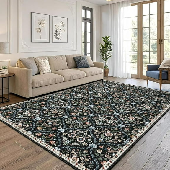 Hasoo Indoor Living Room Bedroom 8' x 10' Area Rug Non-Slip Machine Washable Carpet, Black