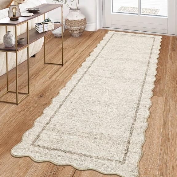 Hasoo Indoor Scalloped Area Rug for Hallway 2' x 10' Washable Modern Runner Mat with Non-Slip Backing, Beige
