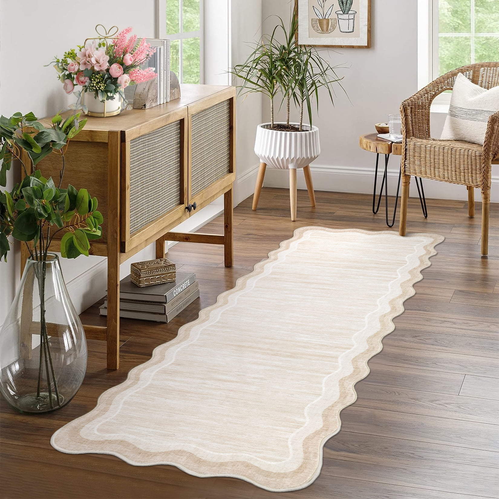 Hasoo Indoor Scalloped Area Rug for Hallway 2' x 6' Washable Modern Runner Mat with Non-Slip Backing, Beige