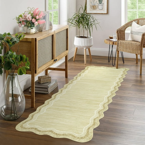 Hasoo Indoor Scalloped Area Rug for Hallway 2' x 6' Washable Modern Runner Mat with Non-Slip Backing, Cream