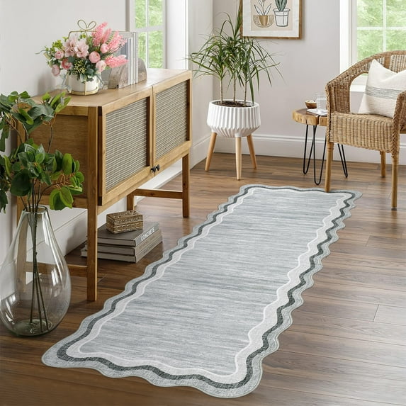 Hasoo Indoor Scalloped Area Rug for Hallway 2' x 6' Washable Modern Runner Mat with Non-Slip Backing, Gray