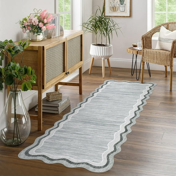 Hasoo Indoor Scalloped Area Rug for Hallway 2' x 6' Washable Modern Runner Mat with Non-Slip Backing, Gray
