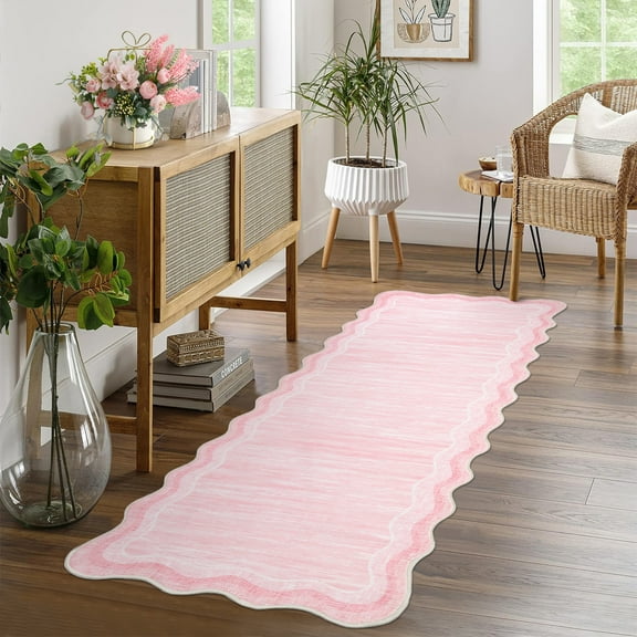 Hasoo Indoor Scalloped Area Rug for Hallway 2' x 6' Washable Modern Runner Mat with Non-Slip Backing, Pink