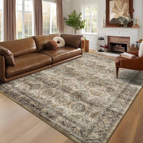 Hasoo Indoor Washable Area Rug 8' x 10' Geometric Rugs for Living Room Floral Throw Floor Mats Non-Slip Accent Carpet Brown