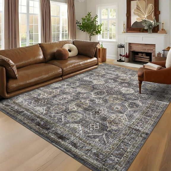 Hasoo Indoor Washable Area Rug 8' x 10' Geometric Rugs for Living Room Floral Throw Floor Mats Non-Slip Accent Carpet Grey/Brown