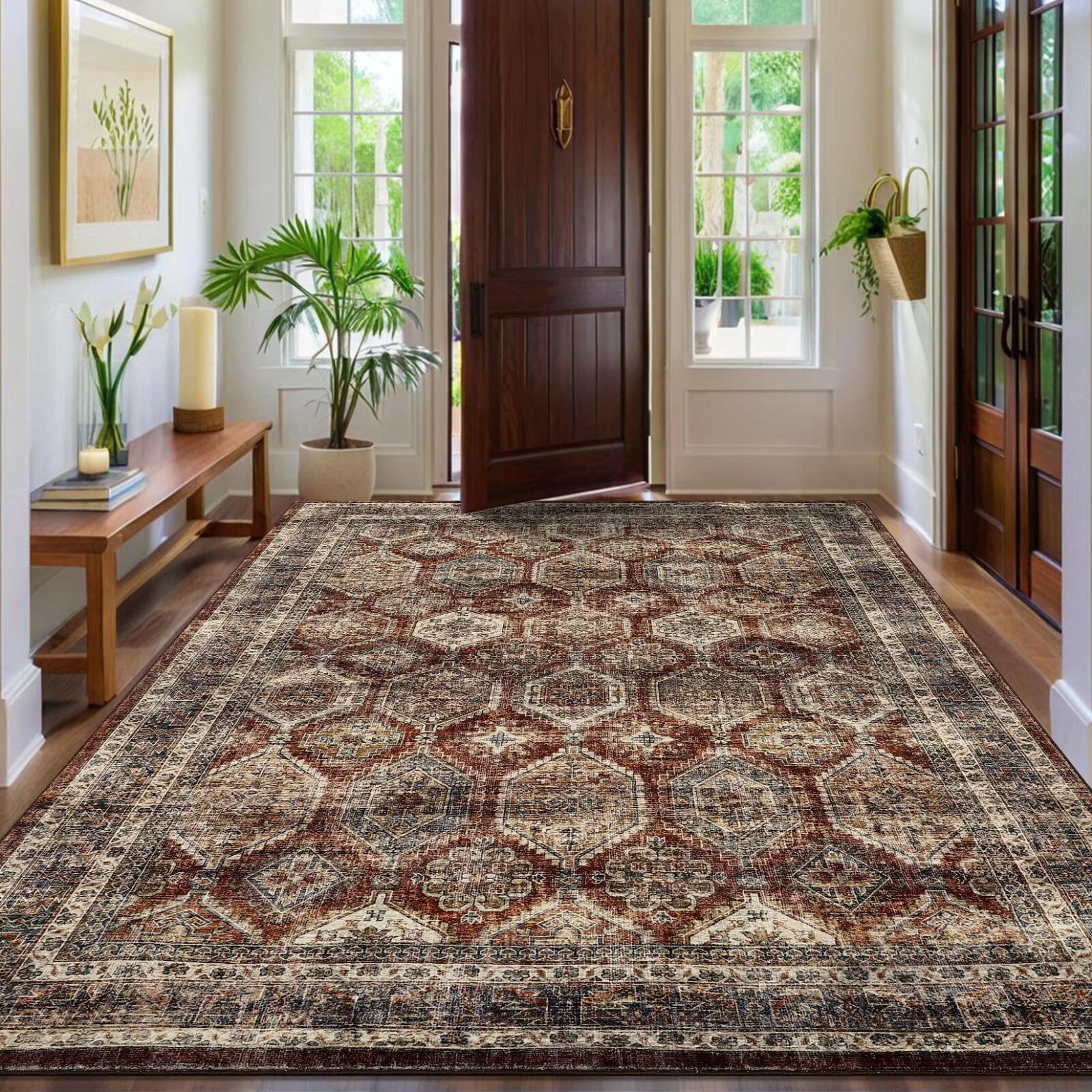 Hasoo Indoor Washable Area Rug 9' x 12' Floral Rugs for Living Room Geometric Throw Floor Mats Non-Slip Accent Carpet Brownish Red