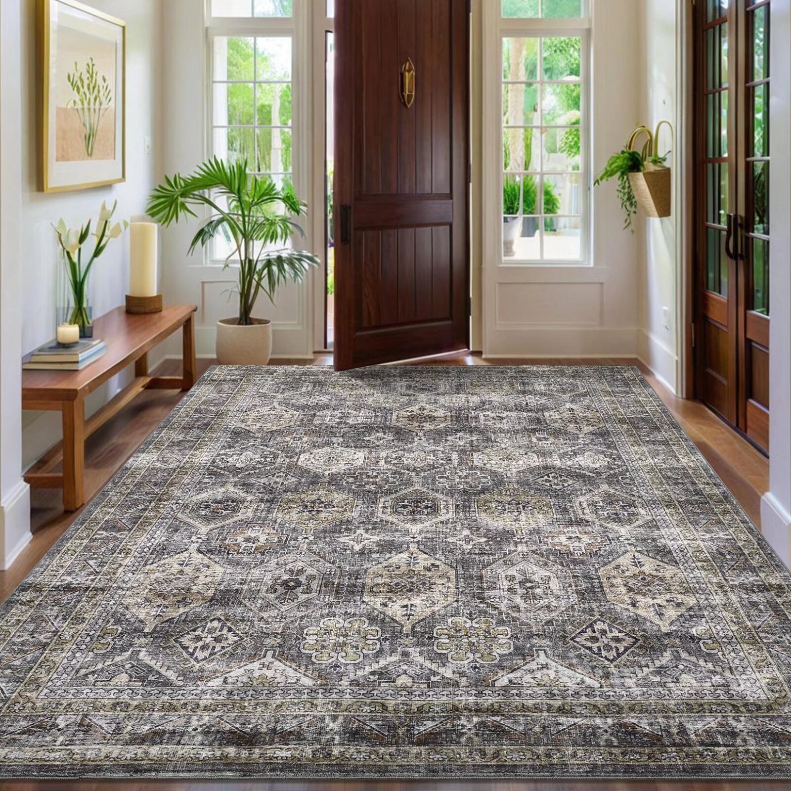 Hasoo Indoor Washable Area Rug 9' x 12' Floral Rugs for Living Room ...
