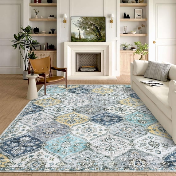 Hasoo Large Area Rug 10' x 13' Rug for Living Room Bedroom Floral Non-Slip Washable Accent Indoor Carpet, Blue/Yellow