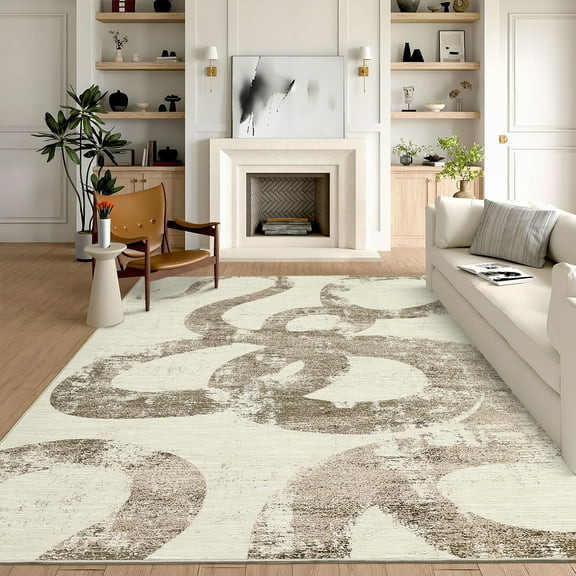 Hasoo Large 10' x 13' Modern Washable Indoor Rug for Living Room Soft Abstract Geometric Line Area Rug Non Slip Stain Resistant Brown Carpet
