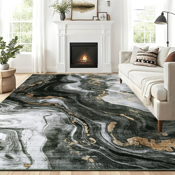 Hasoo Large 10' x 13' Washable Rugs for Living Room Abstract Rug Low-Pile Non Slip Easy Cleaning Neutral Modern Carpet, Black