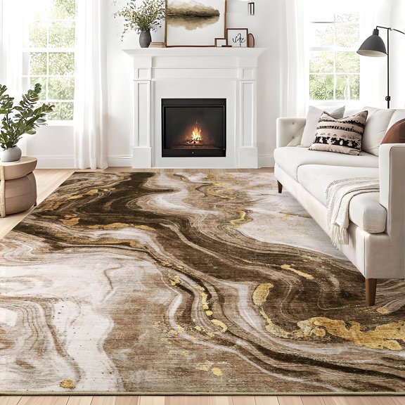 Hasoo Large 10' x 13' Washable Rugs for Living Room Abstract Rug Low-Pile Non Slip Easy Cleaning Neutral Modern Carpet, Brown