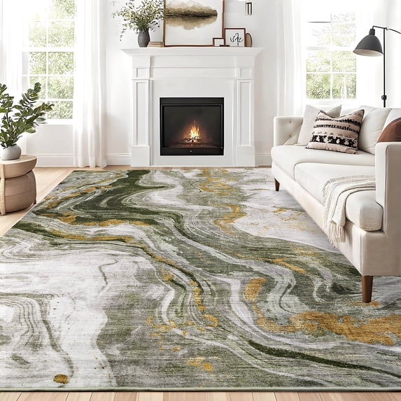 Hasoo Large 10' x 13' Washable Rugs for Living Room Abstract Rug Low-Pile Non Slip Easy Cleaning Neutral Modern Carpet, Green