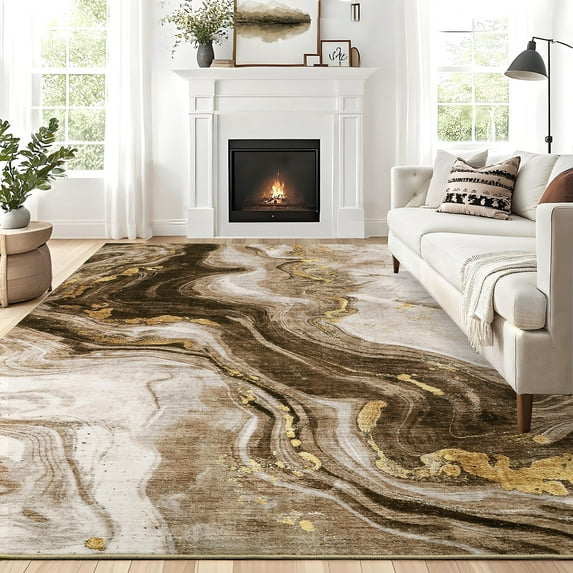 Hasoo Large 8' x 10' Washable Rugs for Living Room Abstract Rug Low-Pile Non Slip Easy Cleaning Neutral Modern Carpet, Brown