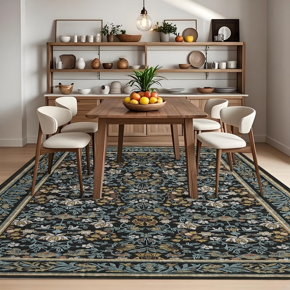 Hasoo Large 9' x 12' Blue Black Vintage Floral Area Rug for Living Room Washable Soft Indoor Floor Carpet Room Decor