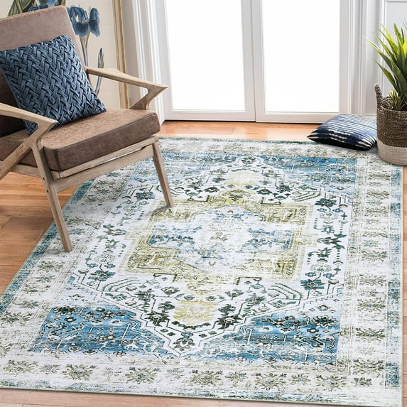 Hasoo Large 9' x 12' Vintage Area Rug for Living Room Bedroom Washable Floral Carpet, Blue