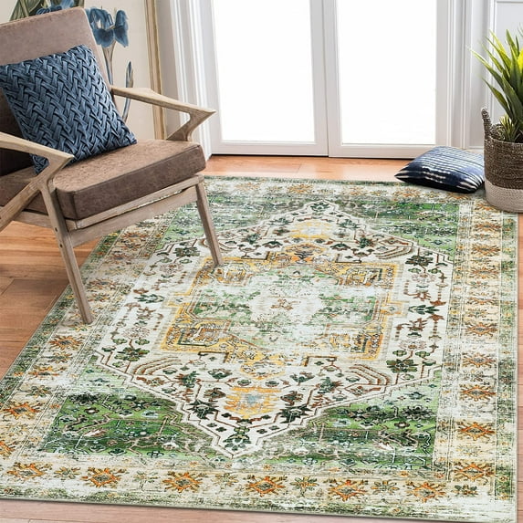 Hasoo Large 9' x 12' Vintage Area Rug for Living Room Bedroom Washable Floral Carpet, Green