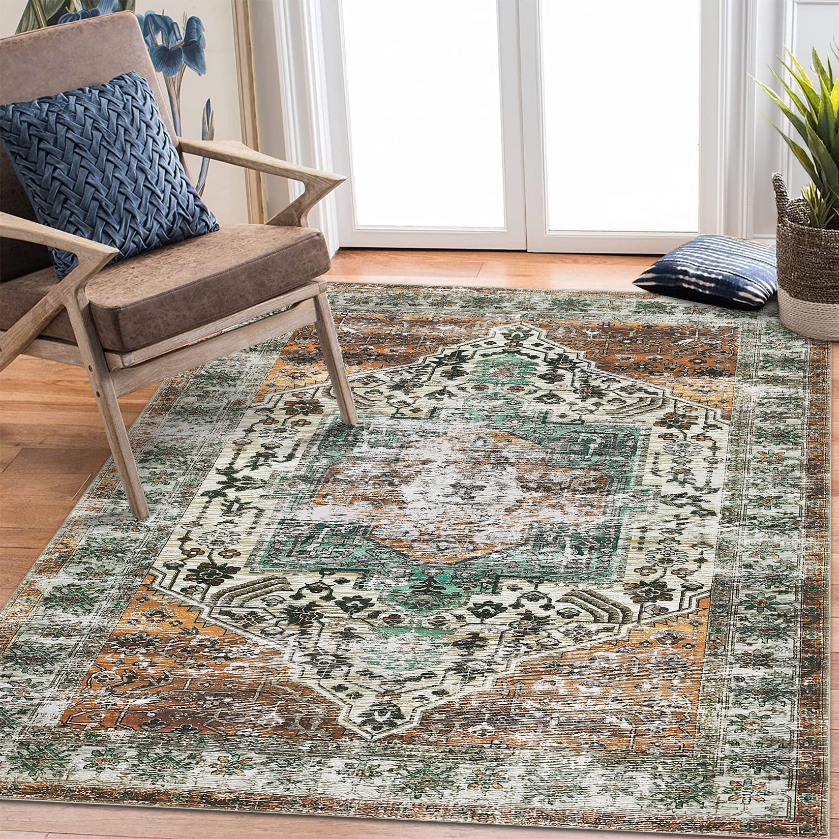 Hasoo Large 9' x 12' Vintage Area Rug for Living Room Bedroom Washable Floral Carpet, Rust