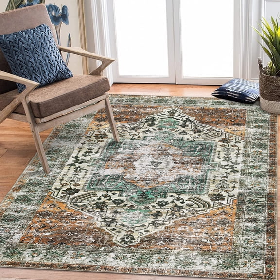Hasoo Large 9' x 12' Vintage Area Rug for Living Room Bedroom Washable Floral Carpet, Rust