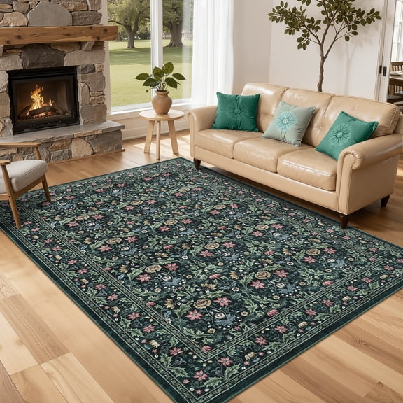 Hasoo Large 9' x 12' Washable Indoor Bedroom Carpet Vintage Floral Area Rug for Living Room, Green