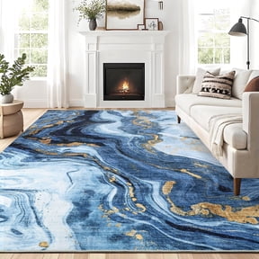 Hasoo Large 9' x 12' Washable Rugs for Living Room Abstract Rug Low-Pile Non Slip Easy Cleaning Neutral Modern Carpet, Blue