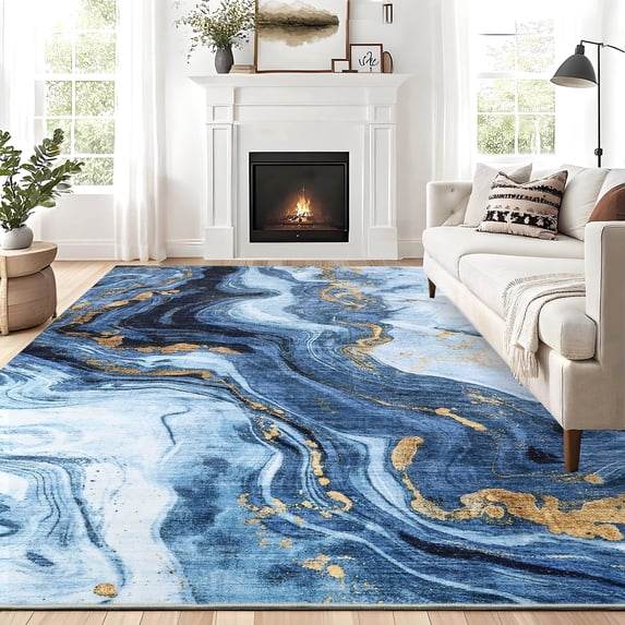 Hasoo Large 9' x 12' Washable Rugs for Living Room Abstract Rug Low-Pile Non Slip Easy Cleaning Neutral Modern Carpet, Blue