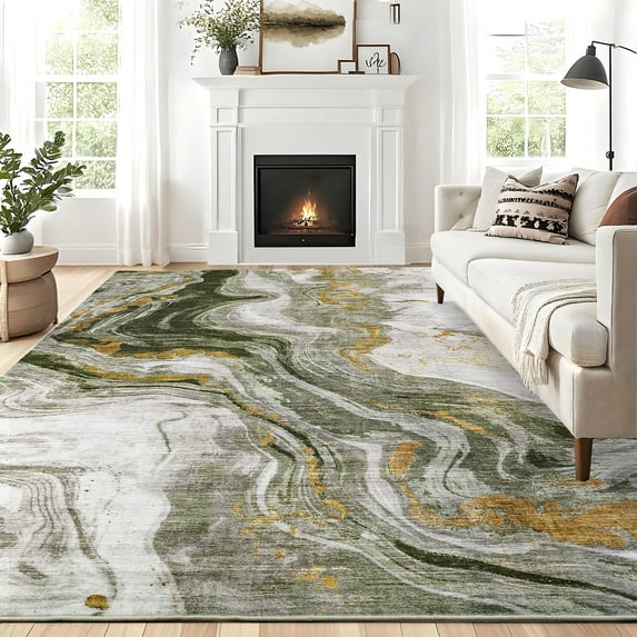 Hasoo Large 9' x 12' Washable Rugs for Living Room Abstract Rug Low-Pile Non Slip Easy Cleaning Neutral Modern Carpet, Blue