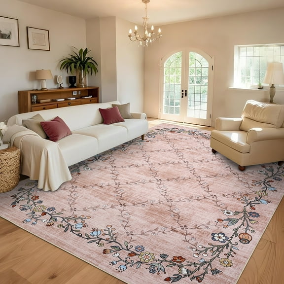 Hasoo Large Area Rug 10' x 13' Rug for Living Room Bedroom Floral Border Non-Slip Washable Accent Indoor Carpet, Pink