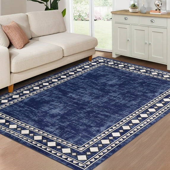 Hasoo Large Area Rug 10' x 13' Rug for Living Room Bedroom Border Non-Slip Washable Accent Carpet Blue