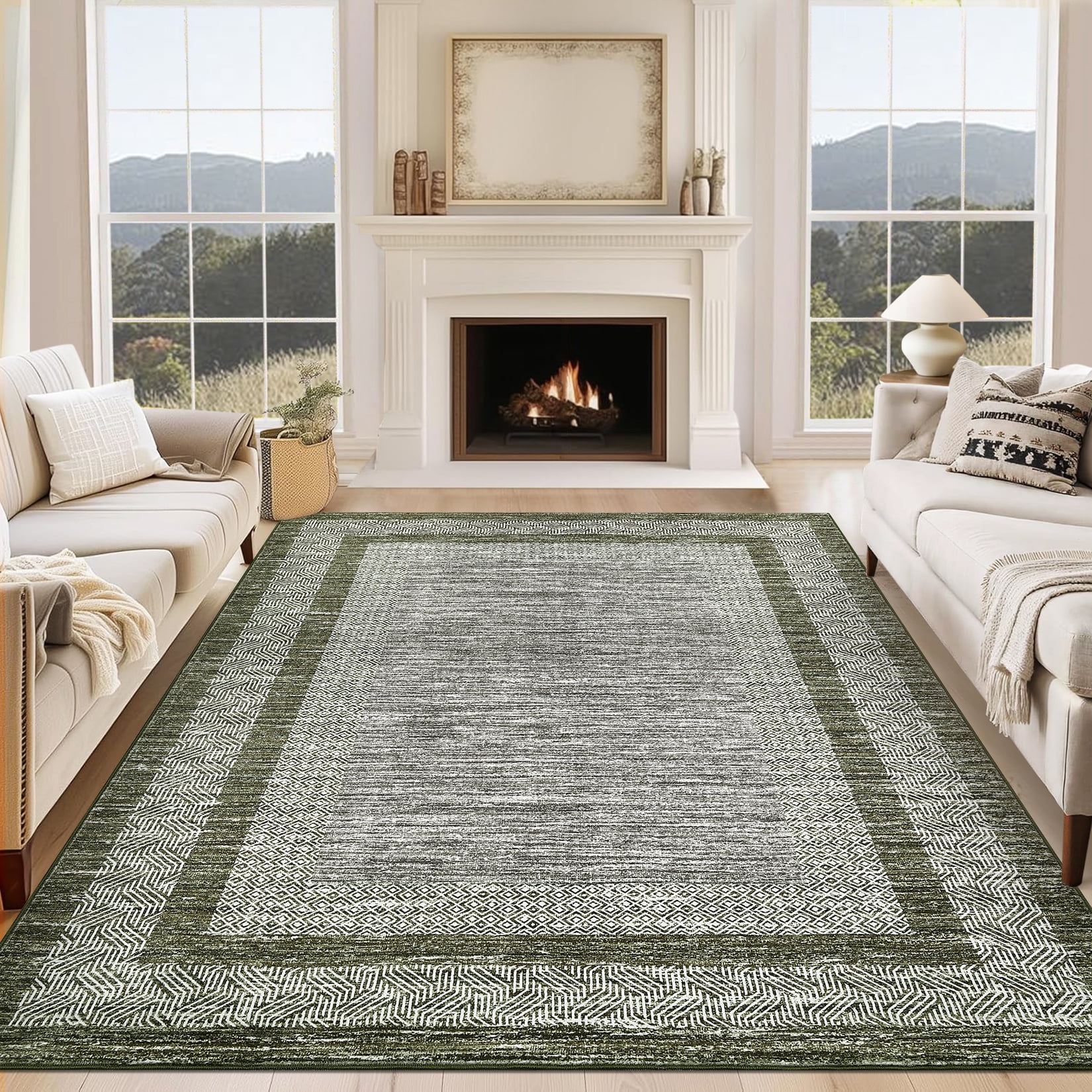 Hasoo Large Area Rug 10' x 13' Rugs for Living Room Washable Modern Geometric Bordered Indoor Carpet Soft Lightweight Foldable Nonslip Green Rug