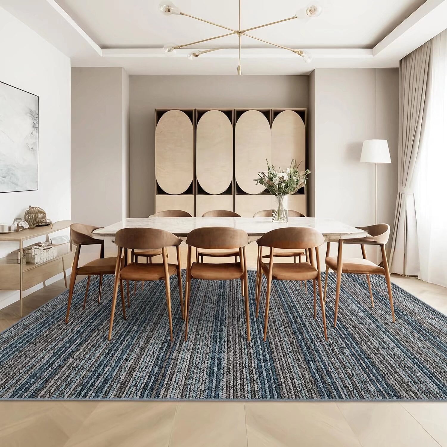 Hasoo Large Area Rug 10' x 13' Rugs for Living Room Washable Modern Striped Printed Braid Indoor Rug Soft Lightweight Carpet, Blue