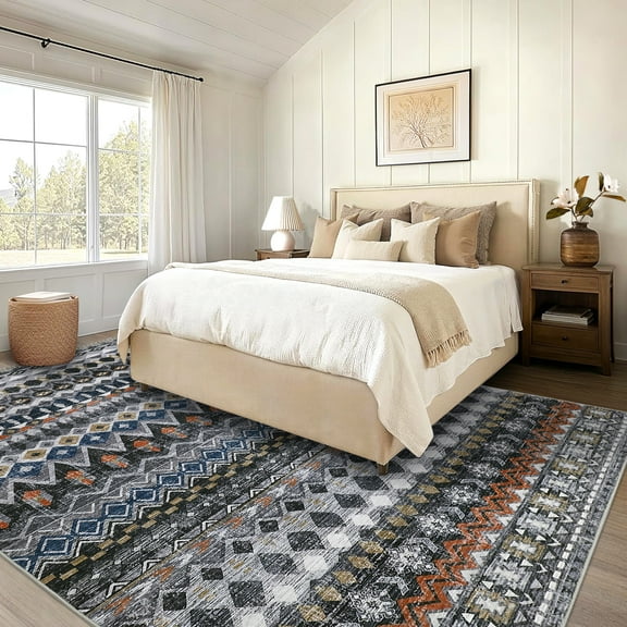 Hasoo Large Area Rug 10' x 13' Washable Geometric Vintage Rugs for Living Room Bedroom Kitchen, Gray/Blue