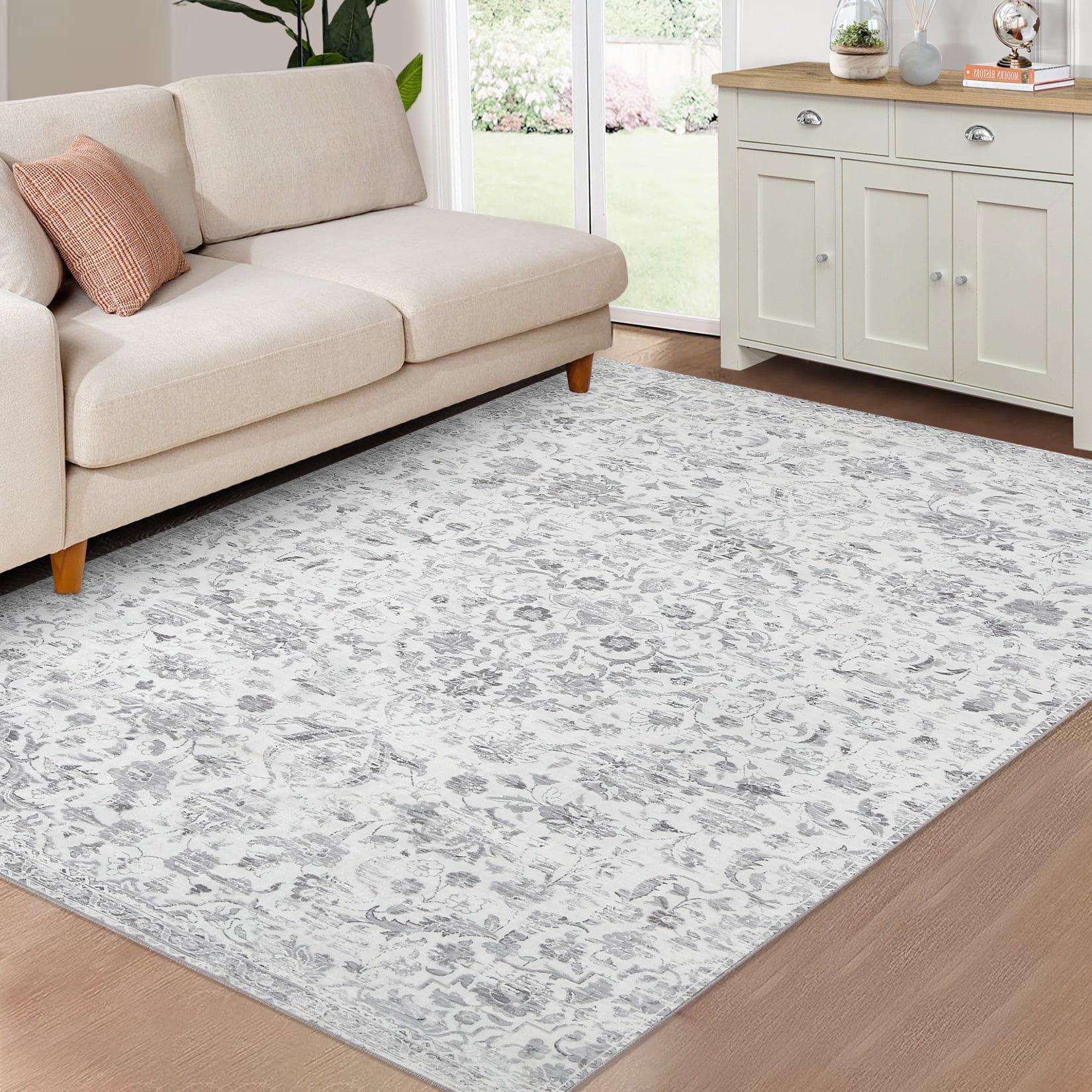 Hasoo Large Area Rug 9' x 12' Gray Multi Vintage Rug Flodable Thin Rug Retro Distressed Carpet Floral Print Boho Rug for Kitchen Bedroom Living Room Dining Room
