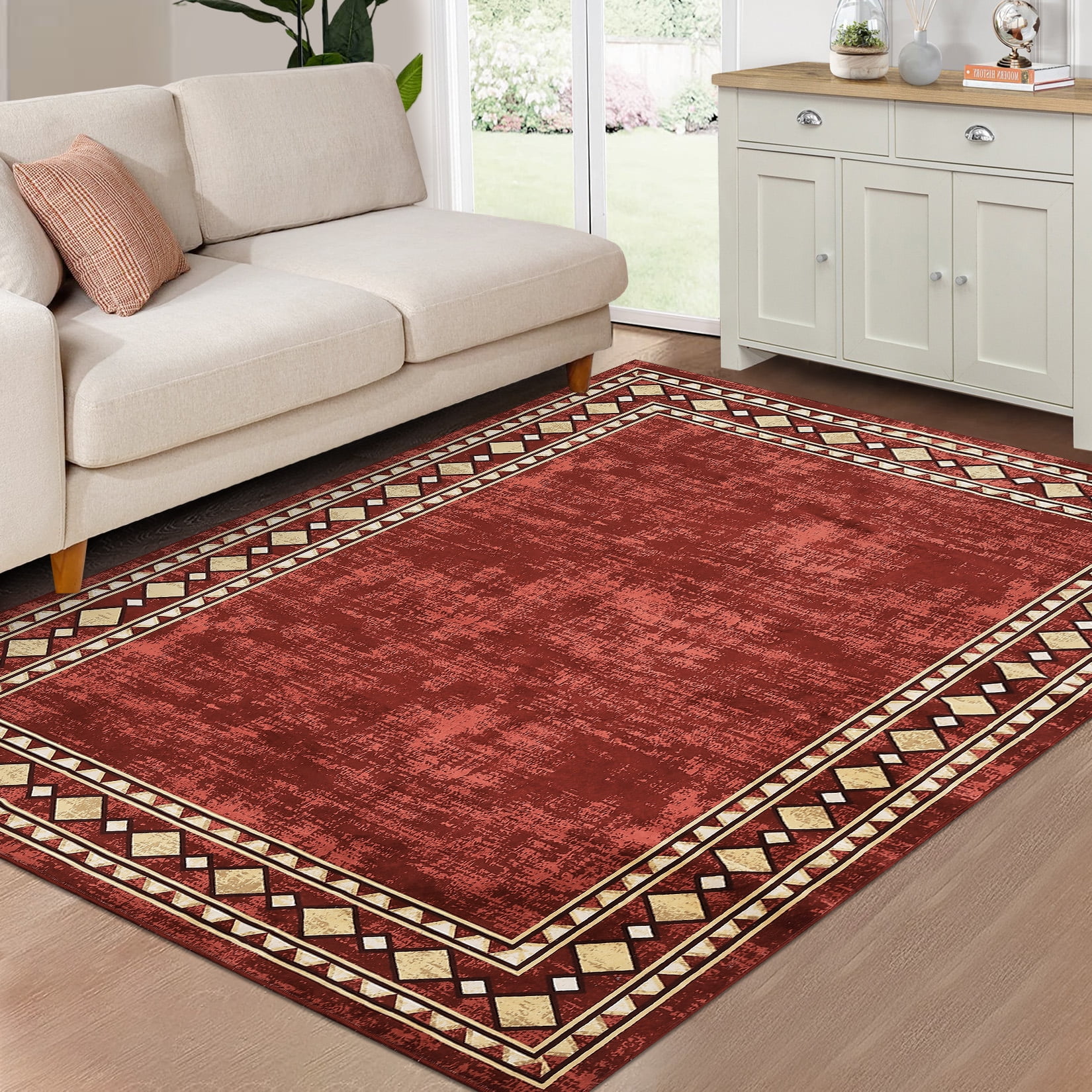 Hasoo Large Area Rug 9' x 12' Rug for Living Room Bedroom Border Non-Slip Washable Accent Indoor Neutral Carpet Red