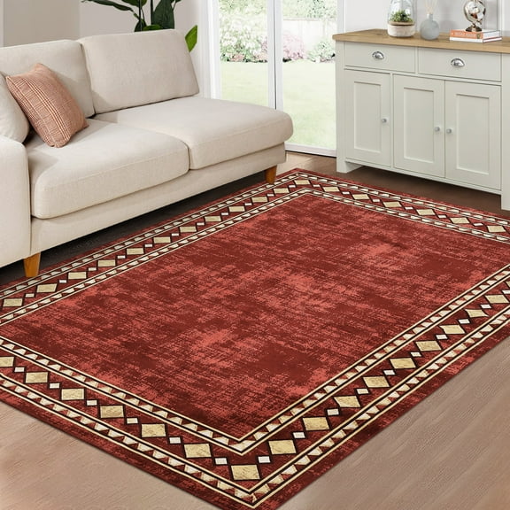 Hasoo Large Area Rug 9' x 12' Rug for Living Room Bedroom Border Non-Slip Washable Accent Indoor Neutral Carpet Red