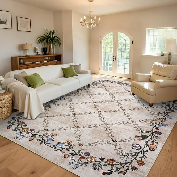Hasoo Large Area Rug 9' x 12' Rug for Living Room Bedroom Floral Border Non-Slip Washable Accent Indoor Carpet, Beige