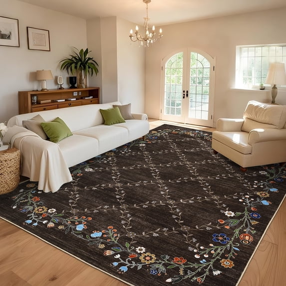 Hasoo Large Area Rug 9' x 12' Rug for Living Room Bedroom Floral Border Non-Slip Washable Accent Indoor Carpet, Brown