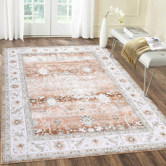 Hasoo Large Area Rug 9'x 12' Vintage Rug Persian Antique Floral Printed Floor Mat for Bedroom Office Indoor Rug, Light Orange