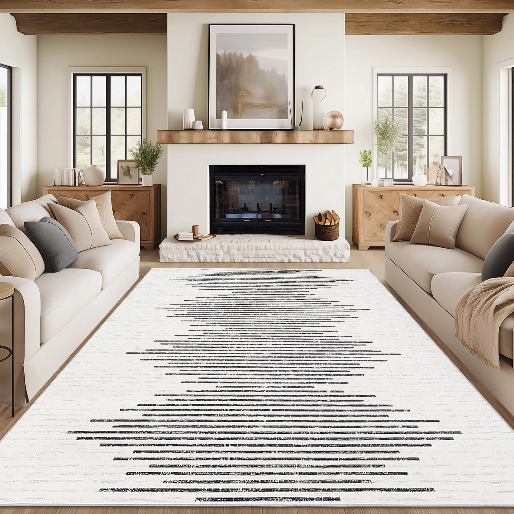 Hasoo Large Area Rug for Dining Room Washable Indoor Geometric Striped Carpet Soft Non Slip Dorm Rug, Middle Stripe Beige 10' x 13'