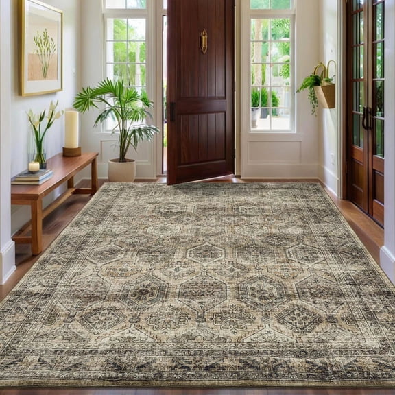 Hasoo Large Indoor Washable Area Rug 10' x 13' Floral Rugs for Living Room Geometric Throw Floor Mats Non-Slip Accent Carpet Brown